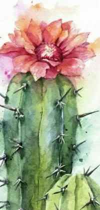 This phone wallpaper showcases a watercolor painting of a cactus with a stunning flower on top