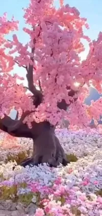 The pink bonsai tree live wallpaper showcases a realistic, yet whimsical, tree situated within a colorful field of blooming flowers