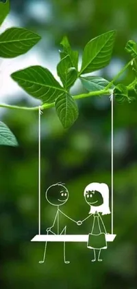 This phone live wallpaper features a charming illustration of a couple swinging amidst a backdrop of lush greenery