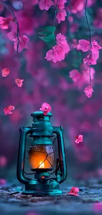 This phone live wallpaper features a serene lantern sitting under a tree in an enchanting digital art style