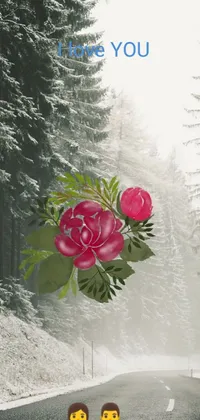 Transform your phone screen into a stunning work of art with this captivating live wallpaper! Featuring a mesmerizing digital oil painting of two people standing in the middle of a snow-covered road in the forest, alongside gorgeous roses, fern flowers and Peony blooms subtly swaying, and a lush palm tree-lined coastline overlooking a sparkling sea