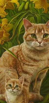 This phone live wallpaper features a detailed painting of two cats and a bird, with beautiful yellow flowers blooming around them