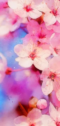 This mobile phone live wallpaper features a digital painting of a tree filled with vividly colored flowers in shades of blue and pink