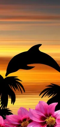 Introducing an enchanting phone live wallpaper featuring a cartoon-like dolphin jumping out of the water at sunset