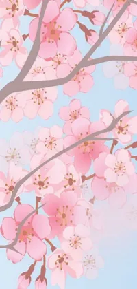 This live phone wallpaper features a stunning pink floral tree contrasting against a clear blue sky