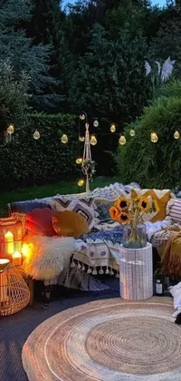 This phone live wallpaper captures the warmth and coziness of a candlelit patio with sunflowers and intricate glowing lights