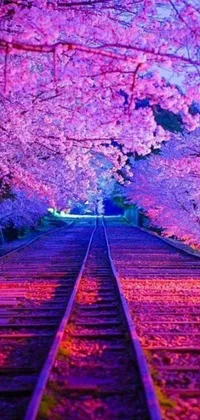 This live wallpaper for your phone features a train track with a collection of small pink flowers, adding a touch of romance to the industrial scene