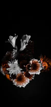 This stunning phone live wallpaper showcases a black and white photo of flowers in a vase with a vanitas theme