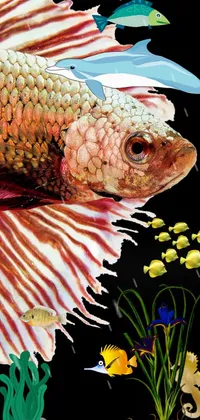 This mesmerizing black phone wallpaper features an ultra-realistic digital rendering of a fish with a flowing mane and tail and striking red scales