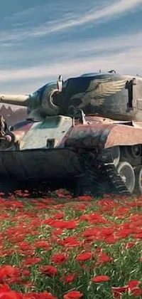 This phone live wallpaper showcases a mesmerizing digital art image of a tank placed in a gorgeous field of red poppies