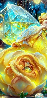 This stunning phone live wallpaper features a whimsical fairy seated atop a yellow rose, radiating magic and charm