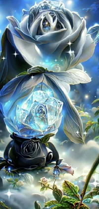 This captivating live phone wallpaper features a painting of a stunning rose with a diamond at its core