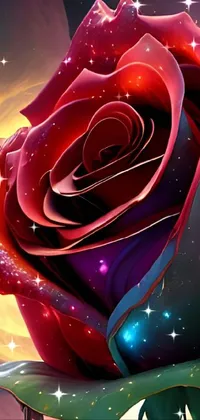 This stunning phone live wallpaper features a close-up of a colorful rose flower with a massive head, surrounded by a spectacular display of stars and nebulae in the background