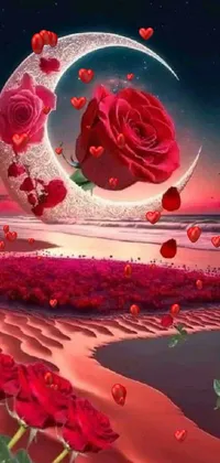 This beautiful live wallpaper features a red rose sitting on top of a crescent moon, surrounded by a sea of pink and red flowers