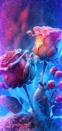 This gorgeous digital art live wallpaper features two breathtaking roses in a captivating orange fire/blue ice duality design