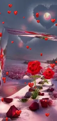 This phone live wallpaper depicts two red roses on a snowy landscape