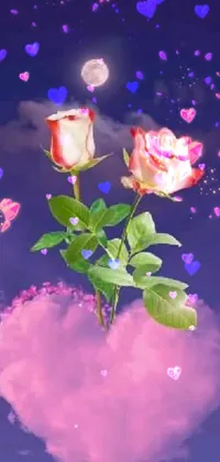 This mobile live wallpaper showcases a picturesque digital rendering of two roses nestled on a heart-shaped cloud against a moonlit background
