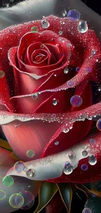 Looking for a stunning and realistic live wallpaper for your phone? Look no further than this red rose wallpaper! This photorealistic painting features detailed flowers and leaves, with water droplets that glisten and move when you touch your phone