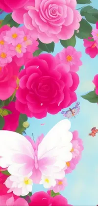 This live wallpaper for your phone features pink roses and butterflies set against a blue sky