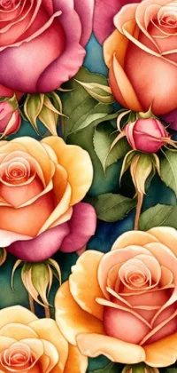 This live wallpaper showcases a beautiful illustration of pink and yellow roses on a blue backdrop