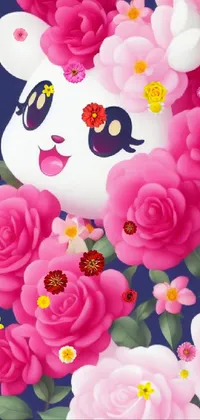 This delightful live wallpaper showcases a stunning digital painting featuring a white rabbit surrounded by charming pink roses