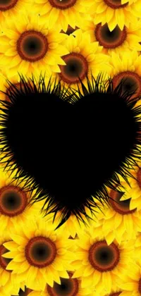 This stunning phone live wallpaper showcases a heart-shaped design made entirely out of sunflowers on a black background
