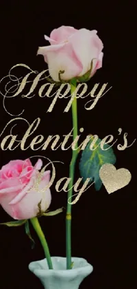 This live wallpaper features two stunning pink roses in a vase, with the message "Happy Valentine's Day" on it