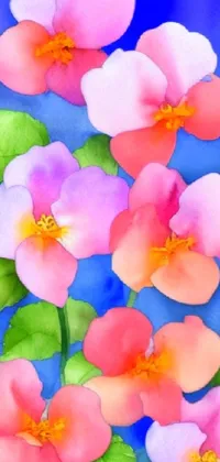 This stunning phone live wallpaper showcases a watercolor painting of pink flowers and green leaves set against a stunning blue gradient background