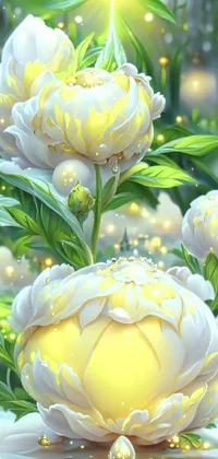 This live phone wallpaper features stunning white flowers on a table, surrounded by golden orbs and fireflies