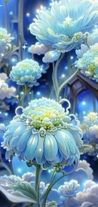 This phone live wallpaper features a detailed painting of blue flowers and a birdhouse in ice blue shade
