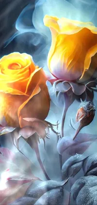 This live phone wallpaper features two yellow roses in orange and blue colors