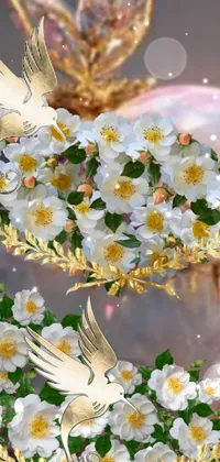 This live wallpaper features a beautiful digital artwork with white flowers and an apple on a white marble and gold background, giving it a romantic and elegant feel