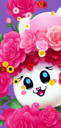 This live phone wallpaper features a stunning close-up of a cat surrounded by gorgeous flowers