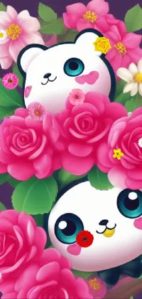 This phone live wallpaper features a delightful image of two panda bears sitting atop colorful flowers