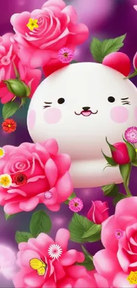 This phone live wallpaper features a lovely white cat surrounded by pink roses and fluttering butterflies, against a soft pastel pink background with green foliage