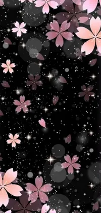 This phone live wallpaper offers a stunning glossy design with a black background accentuated by pink flowers and stars