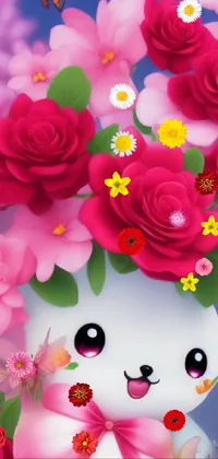 This phone live wallpaper features a charming digital painting of a cat with flowers on its head, surrounded by a cute anthropomorphic bunny and a vase of flowers in soft tones of pink and green
