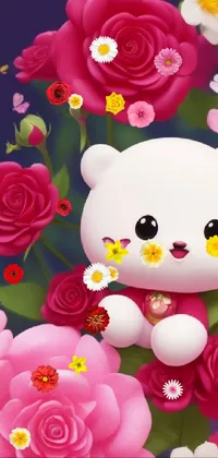 This phone live wallpaper features a charming digital rendering of a teddy bear surrounded by exquisitely detailed flowers