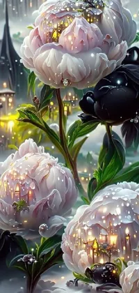 This stunning phone live wallpaper depicts a beautiful painting of three black peonies in full bloom against the backdrop of a grand, fantastical castle