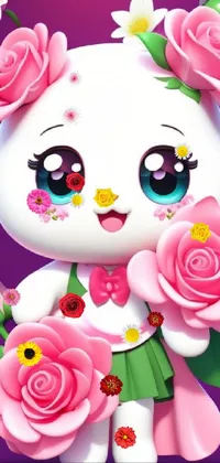 This is an adorable phone live wallpaper featuring a white cat holding a bunch of pink roses