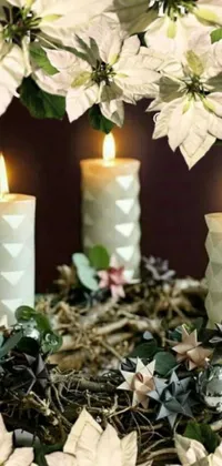 Add a touch of art to your phone with this stunning live wallpaper! Featuring three art deco candles cleverly crafted with origami designs on top of a sleek table made of organic ceramic white, this design is elegant and festive
