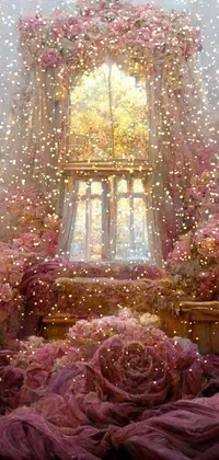 This stunning live wallpaper features a lovely room filled with tons of pink flowers in a mystical and decadent setting