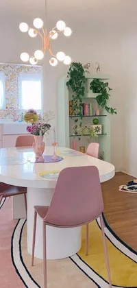 This phone wallpaper features a cozy dining room with a white table and pink chairs set against a pastel rainbow background