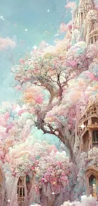 This live wallpaper depicts a captivating castle surrounded by cotton candy cherry blossom trees against a pastel-colored sky
