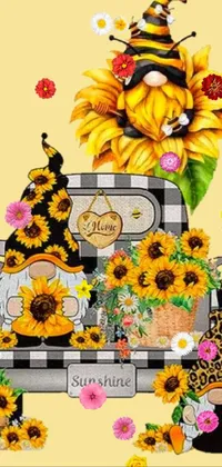 This live phone wallpaper showcases a stunning digital art piece featuring sunflowers resting on a truck