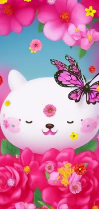 Get lost in the charm of this white cat with pink flower and butterfly phone live wallpaper