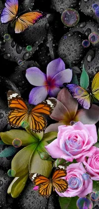 Looking for a stunning phone wallpaper that adds a touch of nature to your mobile screen? Check out this group of flowers sitting on black rocks design! It's a high-definition, digital rendering featuring beautiful flowers and butterflies, handmade with attention to detail