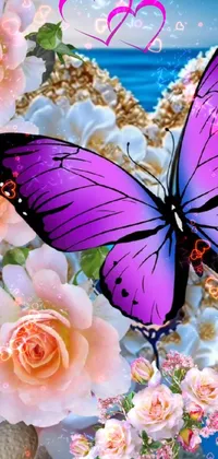 This live wallpaper for your phone features a vibrant purple butterfly sitting atop a bed of colorful flowers