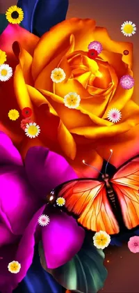 This stunning phone live wallpaper boasts an up-close shot of a colorful orange and purple rose, complete with a fluttering butterfly gracing the petals