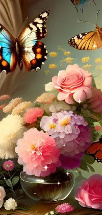 Decorate your phone with this stunning live wallpaper featuring an airbrushed painting of blooming flowers and fluttering butterflies in a vase